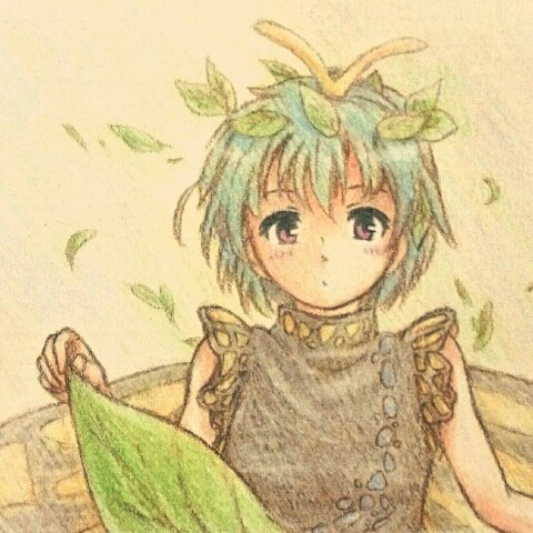 1girl antennae aqua_hair blush brown_eyes butterfly_wings closed_mouth commentary dress eternity_larva fairy hair_between_eyes kakera_(comona_base) leaf leaf_on_head lowres multicolored_clothes multicolored_dress short_hair short_sleeves single_strap solo touhou traditional_media upper_body wings