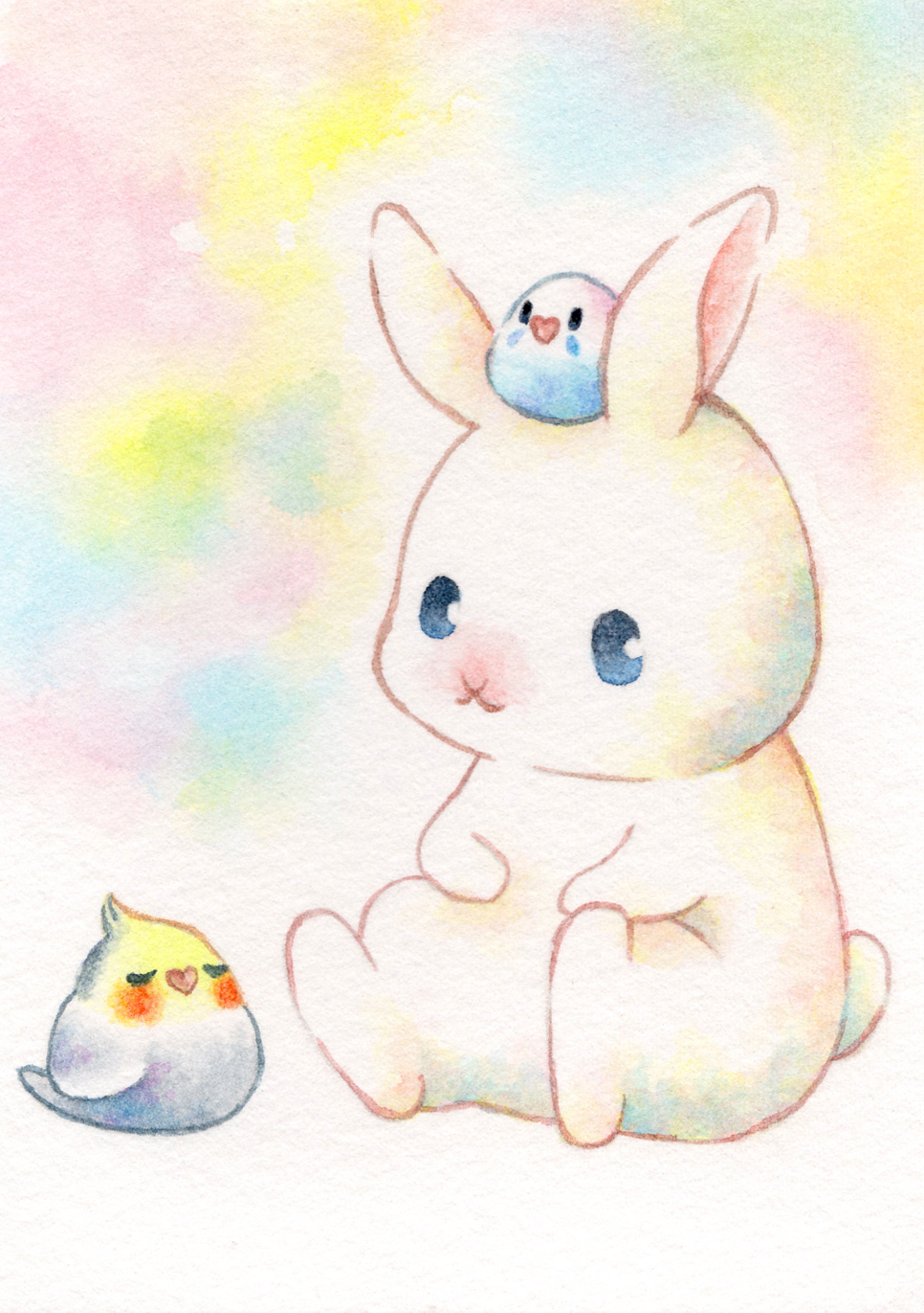 :3 animal animal_focus bird blue_eyes chibi chibi_on_head closed_eyes closed_mouth commentary_request ears_up friends highres looking_at_another multicolored_background no_humans on_head original painting_(medium) rabbit simple_background sinsousui sitting traditional_media watercolor_(medium) white_background