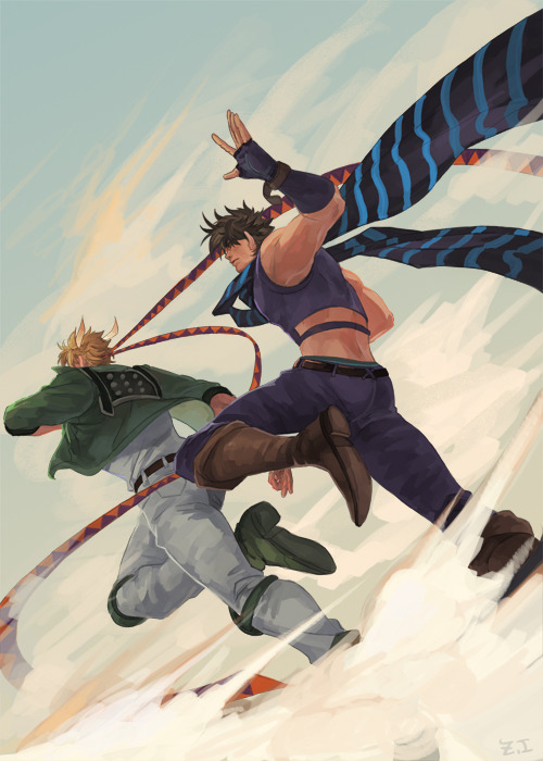 2boys battle_tendency blonde_hair blue_scarf boots brown_hair caesar_anthonio_zeppeli crop_top feather_hair_ornament feathers fingerless_gloves from_behind gloves green_jacket hair_ornament headband jacket jojo_no_kimyou_na_bouken joseph_joestar joseph_joestar_(young) knee_boots male_focus midriff multiple_boys running scarf striped striped_scarf triangle_print z.i
