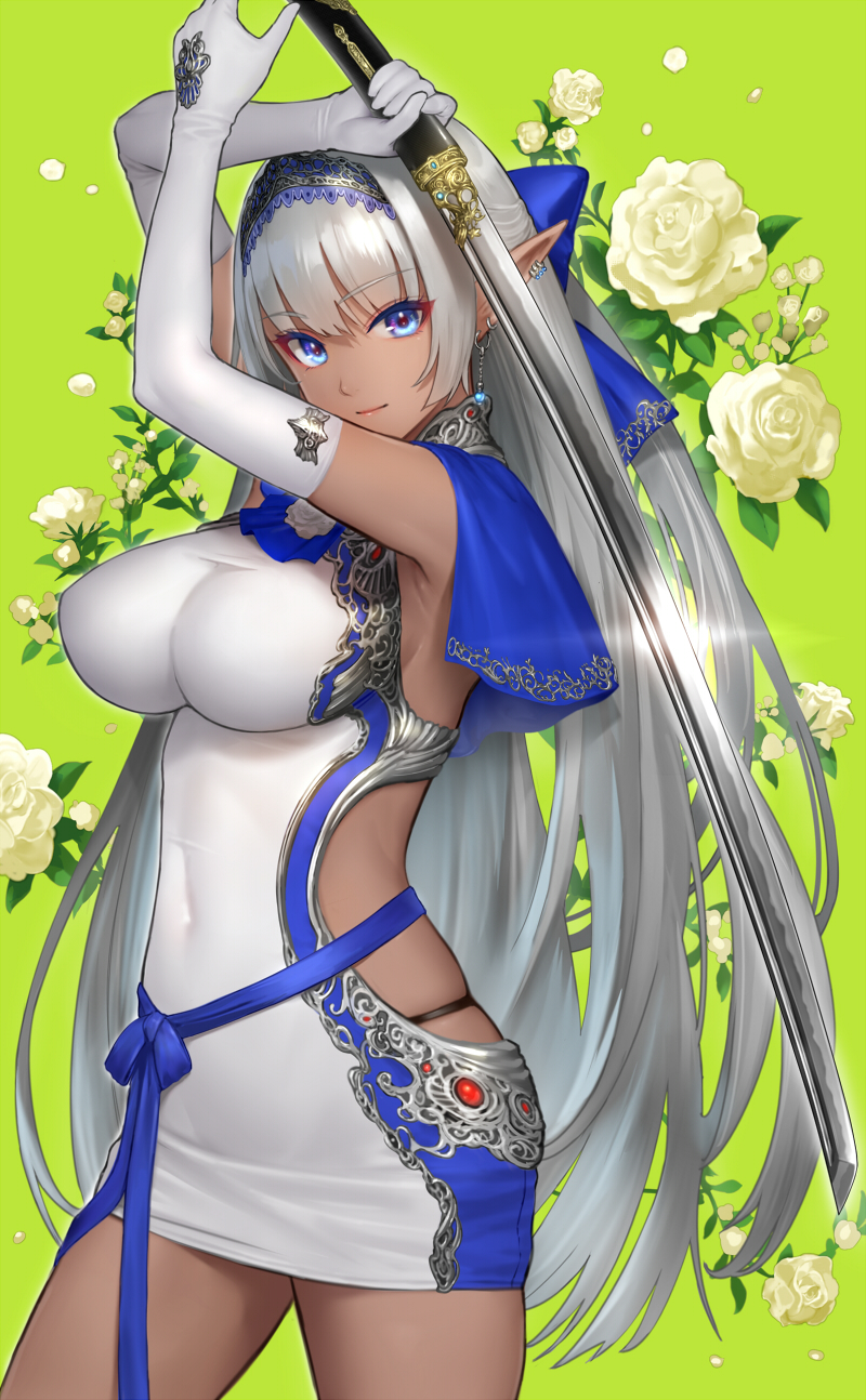 1girl armpits arms_up backless_dress backless_outfit bangs black_panties blue_bow blue_capelet blue_eyes blue_hairband blunt_bangs bow capelet closed_mouth covered_navel cowboy_shot dark-skinned_female dark_skin dress ear_piercing elbow_gloves elf eyebrows_visible_through_hair floral_background flower gloves green_background hair_bow hairband highres hiyashiru impossible_clothes impossible_dress lipstick long_hair looking_at_viewer makeup one_side_up original panties piercing pointy_ears rose short_dress silver_hair silver_trim skindentation smile solo underwear very_long_hair white_dress white_flower white_gloves white_rose