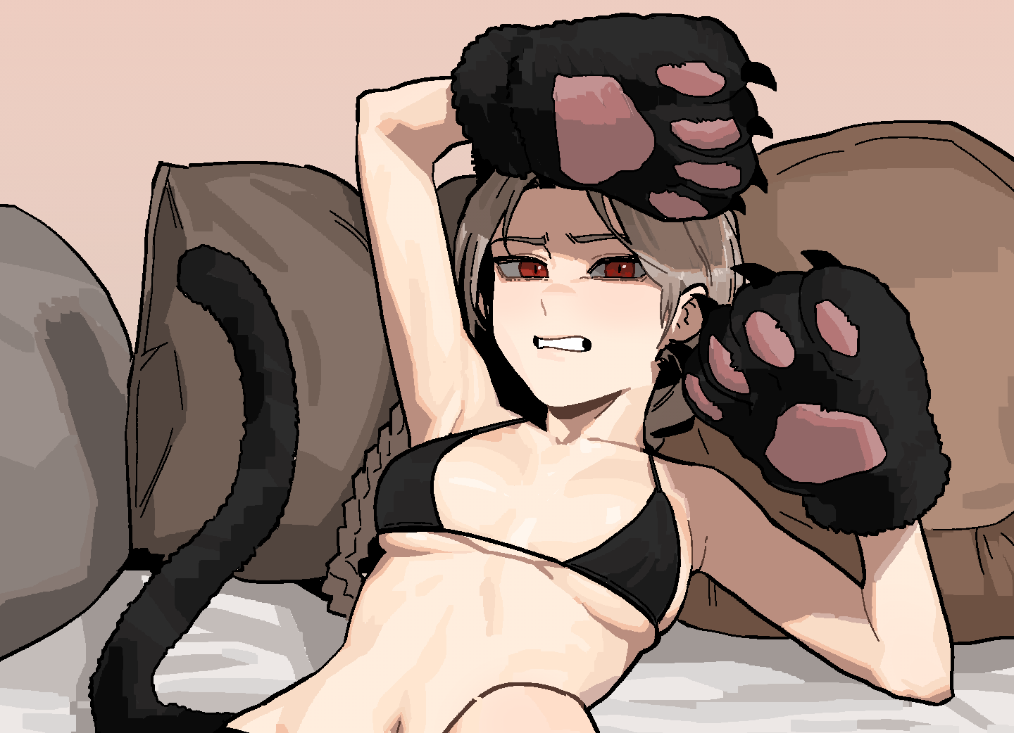 1girl animal_hands bikini black_bikini breasts breasts_apart brown_hair brown_pillow cat_paws cat_tail gloves gogalking looking_at_viewer medium_breasts original parted_lips paw_gloves red_eyes shadow solo swimsuit tail under_boob upper_body