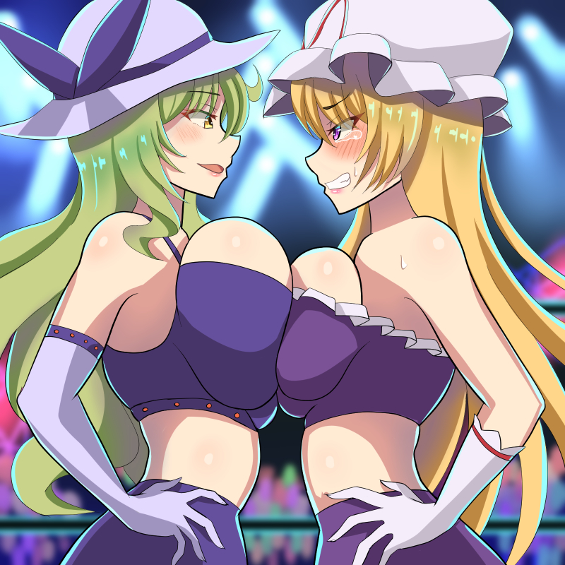 2girls bangs blonde_hair blurry blurry_background blush breast_press breasts ceiling_light clenched_teeth cowboy_shot crop_top crowd edorado elbow_gloves eyebrows_visible_through_hair gloves hand_on_hip hat hat_ribbon huge_breasts large_breasts long_hair looking_at_another mob_cap multiple_girls outline pink_lips profile purple_ribbon purple_shirt purple_skirt red_ribbon ribbon shiny shiny_hair shirt sidelocks skirt smug stage_lights stomach strapless sun_hat symmetrical_docking talking tearing_up teeth touhou tube_top very_long_hair violet_eyes watatsuki_no_toyohime white_gloves yakumo_yukari yellow_eyes