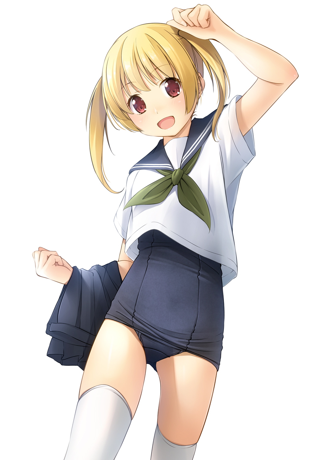1girl :d arm_up ass_visible_through_thighs bangs black_sailor_collar black_skirt black_swimsuit blonde_hair commentary_request eyebrows_visible_through_hair green_neckwear highres long_hair looking_at_viewer neckerchief old_school_swimsuit one-piece_swimsuit original pleated_skirt red_eyes sailor_collar school_swimsuit school_uniform serafuku shibacha shirt short_sleeves simple_background skirt skirt_removed smile solo swimsuit swimsuit_under_clothes thigh-highs twintails white_background white_legwear white_shirt