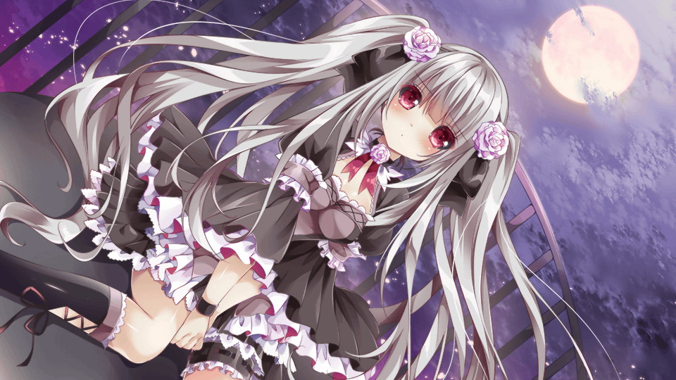 1girl artist_request balcony bangs black_bow black_dress black_legwear blush bow dress eyebrows_visible_through_hair flower frilled_dress frills full_moon game_cg garters gothic_lolita hair_bow hair_flower hair_ornament kneehighs kneeling lolita_fashion long_hair monster_musume_no_iru_nichijou monster_musume_no_iru_nichijou_online moon nia_(monster_musume) official_art own_hands_together pink_flower pink_footwear red_eyes solo twintails very_long_hair