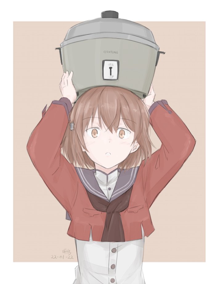 1girl arms_up border brown_neckerchief grey_sailor_collar kantai_collection kusakasima looking_at_viewer neckerchief object_on_head pink_background red_shirt rice_cooker sailor_collar sailor_shirt shirt solo tan_yang_(kancolle) two-tone_background upper_body white_border yukikaze_(kancolle)