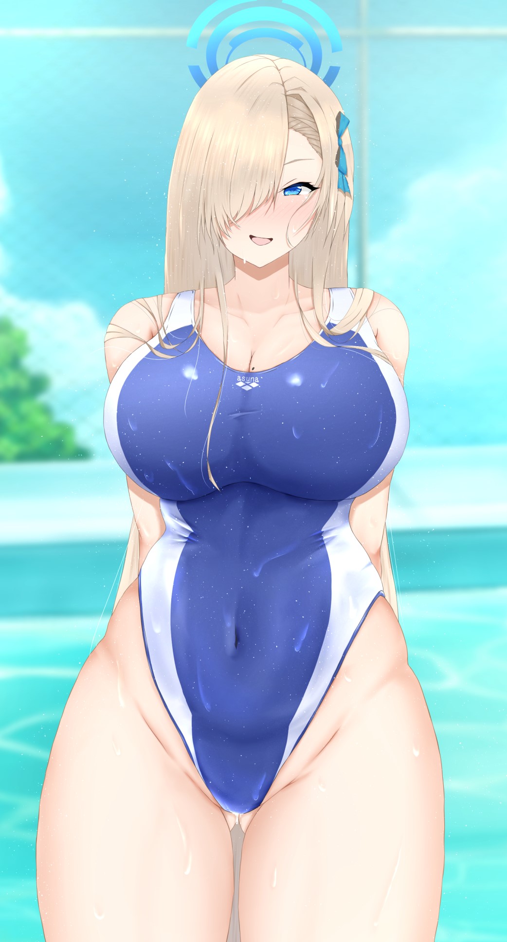 1girl arms_behind_back asuna_(blue_archive) blue_archive breasts competition_swimsuit cowboy_shot hair_over_one_eye halo highleg highleg_swimsuit highres large_breasts light_brown_hair long_hair looking_at_viewer mole mole_on_breast one-piece_swimsuit one_side_up ranhatu seductive_smile smile solo swimsuit