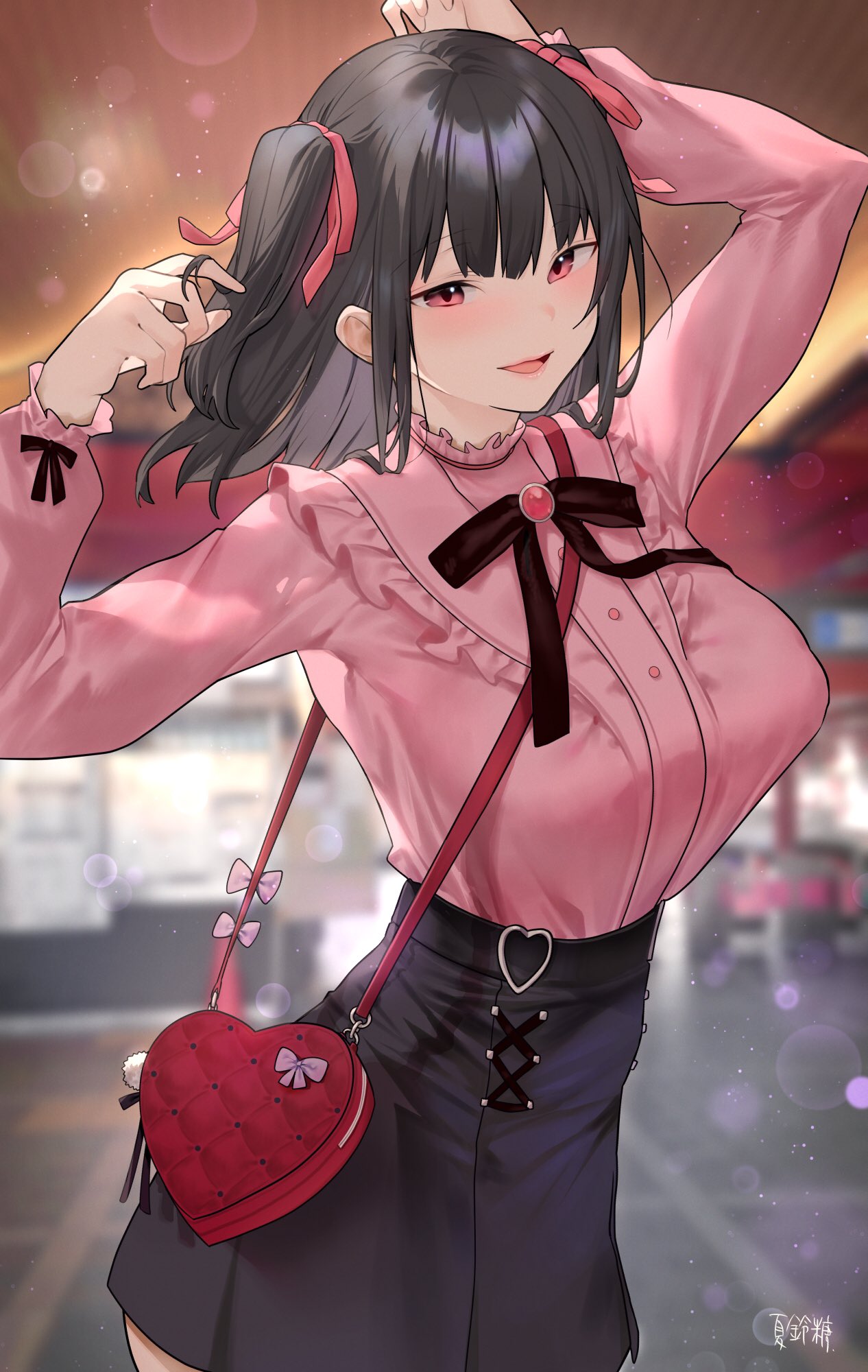 1girl arms_up bag black_hair black_skirt blurry blurry_background breasts commentary_request depth_of_field hair_ribbon heart-shaped_bag highres indoors karinto_yamada long_sleeves looking_at_viewer medium_breasts original pink_shirt red_eyes red_ribbon ribbon shirt shoulder_bag skirt solo two_side_up