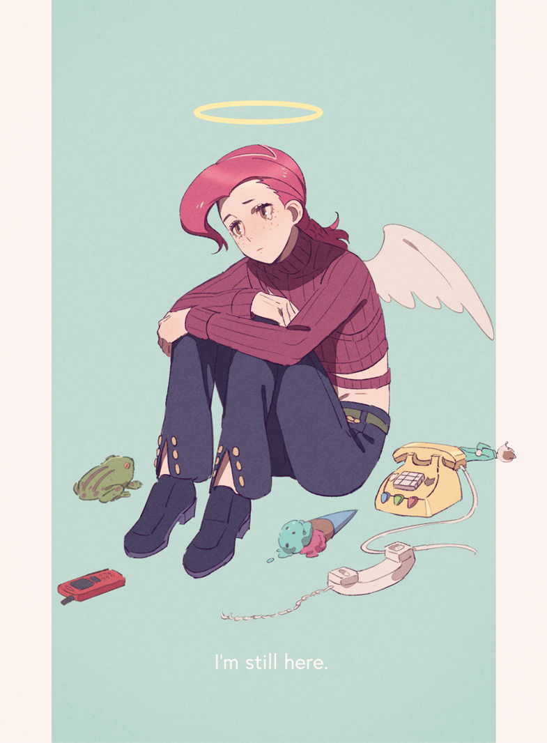 1boy angel_wings brown_eyes cellphone corded_phone crop_top food freckles frog halo hugging_own_legs ice_cream jojo_no_kimyou_na_bouken male_focus midriff phone pink_hair purple_hair ribbed_sweater sitting solo son_(skvnmn0) sweater vinegar_doppio wings yellow_eyes