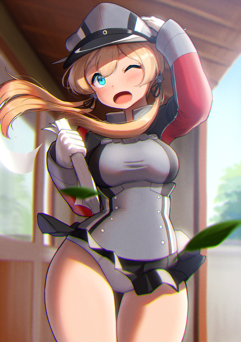 1girl aqua_eyes black_skirt blonde_hair blush breasts cowboy_shot gloves grey_headwear hair_between_eyes hat holding holding_paper kantai_collection large_breasts leaf long_hair long_sleeves maku_ro military military_hat military_uniform miniskirt one_eye_closed open_mouth panties paper peaked_cap pleated_skirt prinz_eugen_(kancolle) skirt solo underwear uniform white_gloves white_panties wind wind_lift