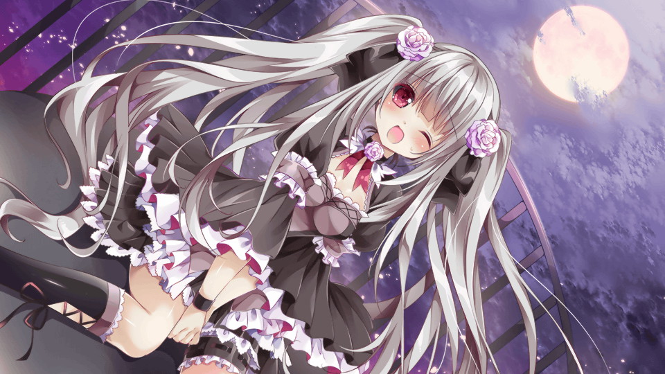 1girl artist_request balcony bangs black_bow black_dress black_legwear blush bow dress eyebrows_visible_through_hair flower frilled_dress frills full_moon game_cg garters gothic_lolita hair_bow hair_flower hair_ornament kneehighs kneeling lolita_fashion long_hair monster_musume_no_iru_nichijou monster_musume_no_iru_nichijou_online moon nia_(monster_musume) official_art one_eye_closed open_mouth own_hands_together pink_flower pink_footwear red_eyes solo twintails very_long_hair