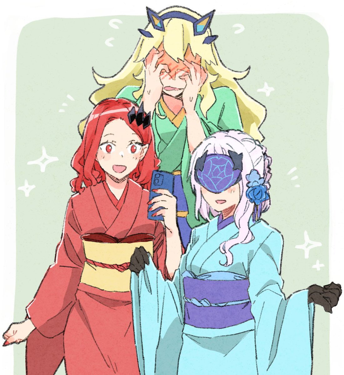 3girls blonde_hair blush cellphone fairy_knight_gawain_(fate) fairy_knight_lancelot_(fate) fairy_knight_tristan_(fate) fate/grand_order fate_(series) hands_on_own_face highres japanese_clothes kimono long_hair mask multiple_girls naosuke_(morioka_shachuu) obi phone pointy_ears red_nails redhead sash smartphone white_hair wide_sleeves