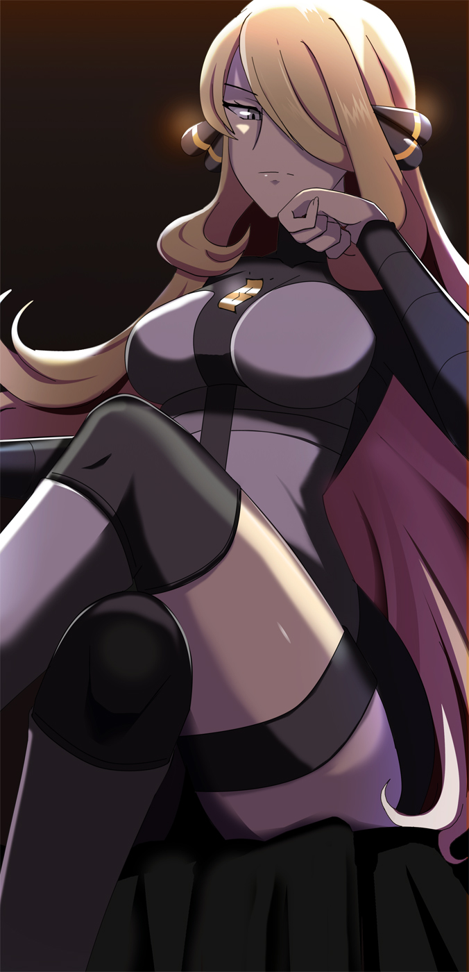 1girl alternate_costume blonde_hair bodysuit breasts clenched_hand closed_mouth crossed_legs cynthia_(pokemon) elbow_rest from_below grey_bodysuit grey_eyes hair_ornament hair_over_one_eye head_rest highres large_breasts long_bangs long_hair looking_at_viewer looking_down pokemon pokemon_(game) pokemon_dppt serious solo team_galactic team_galactic_uniform very_long_hair vivivoovoo