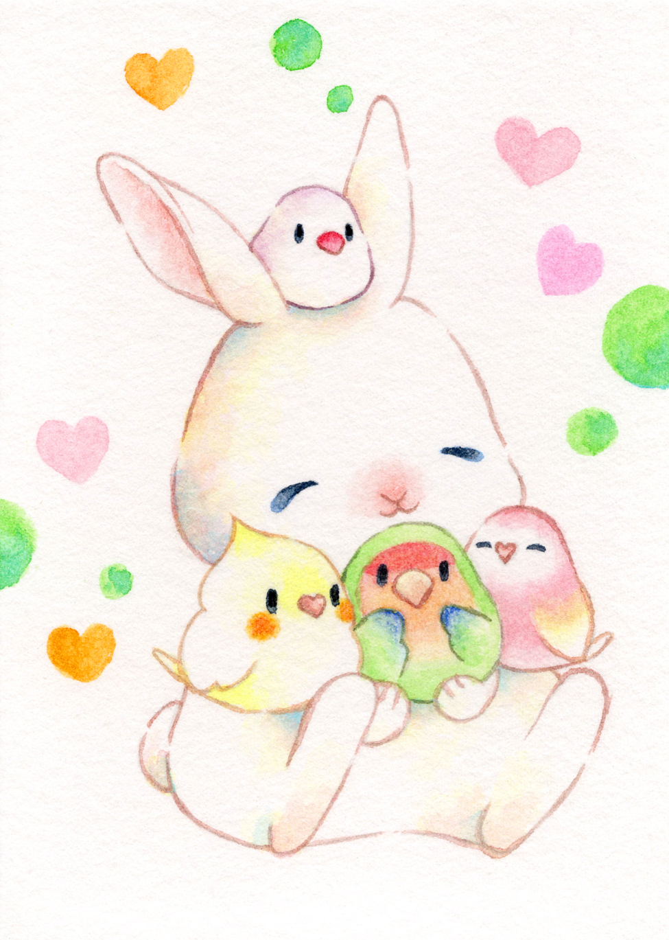 :3 animal animal_focus bird chibi chibi_on_head closed_eyes closed_mouth commentary_request ears_up friends heart highres holding hug no_humans on_head original painting_(medium) rabbit simple_background sinsousui sitting traditional_media watercolor_(medium) white_background