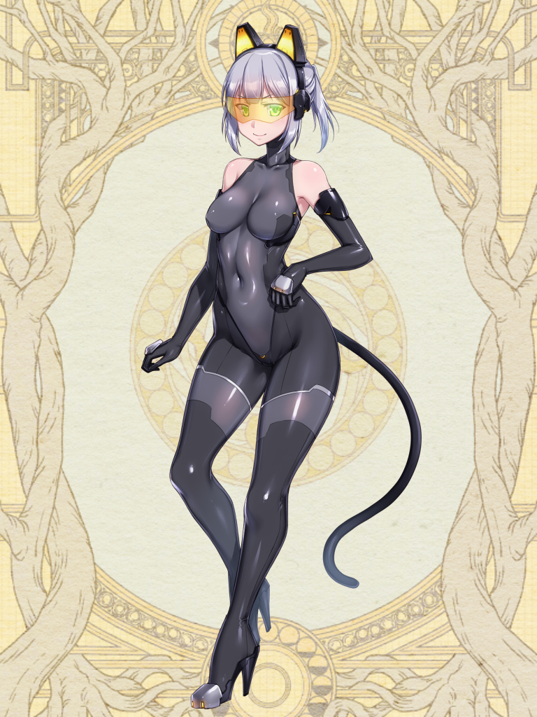 1girl animal_ears bare_shoulders black_bodysuit bodystocking bodysuit breasts cat_tail closed_mouth cocytus_(wind_master) collarbone commentary covered_navel dairoku_ryouhei elbow_gloves fake_animal_ears full_body gloves goggles green_eyes hair_ornament high_heels medium_breasts roots shiny shiny_clothes short_hair sidelocks silver_hair skin_tight smile solo standing standing_on_one_leg tail thighs v-shaped_eyebrows yellow_background