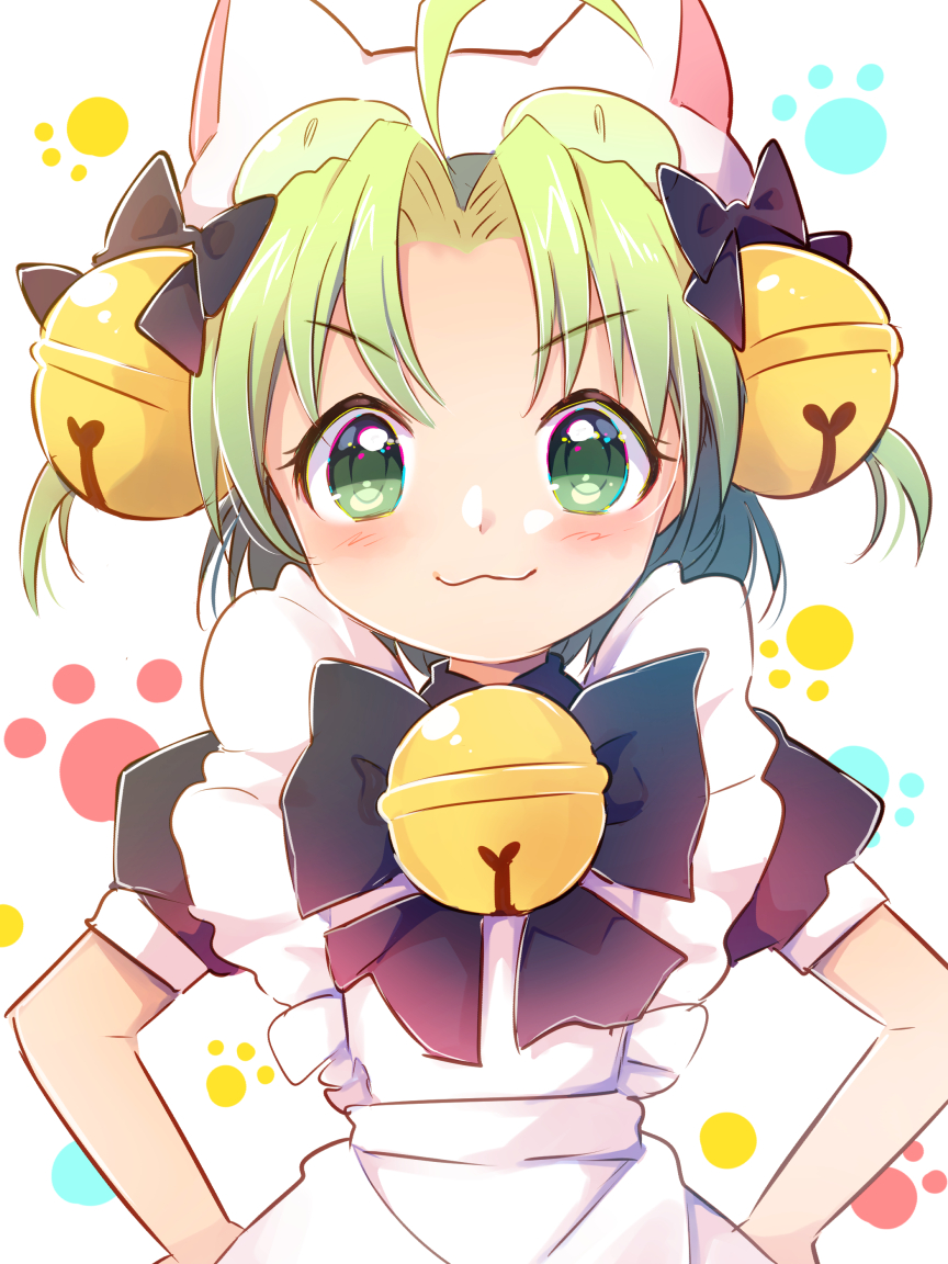 1girl :3 ahoge animal_ears apron bangs bell black_bow black_bowtie blush bow bowtie cat_ears closed_mouth commentary dejiko di_gi_charat eyebrows_visible_through_hair green_eyes green_hair hair_bell hair_bow hair_ornament looking_at_viewer maid medium_hair neck_bell parted_bangs paw_print paw_print_background shiramori_sawa short_sleeves smile solo upper_body v-shaped_eyebrows white_apron white_background