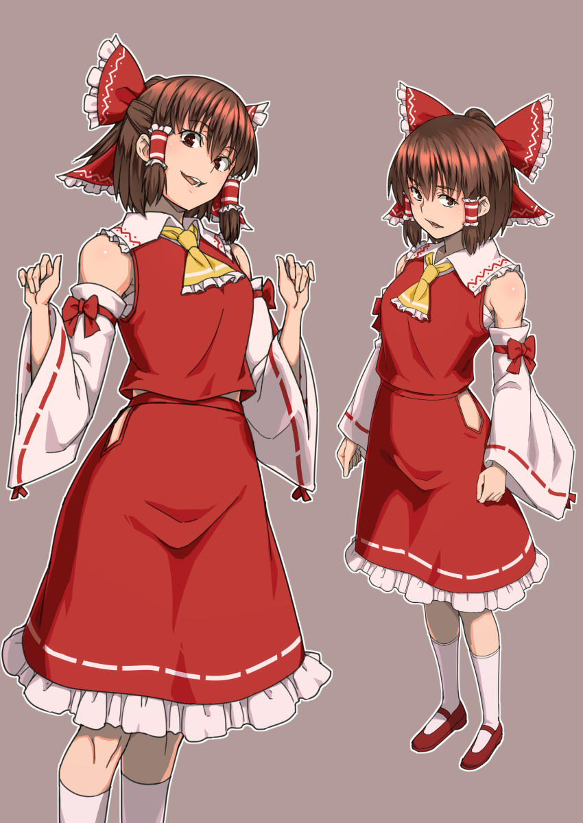 1girl ascot bangs bow brown_eyes brown_hair clothing_cutout detached_sleeves eyebrows_visible_through_hair full_body grey_background hair_bow hair_tubes hakurei_reimu highres kakone looking_at_viewer nontraditional_miko open_mouth red_bow red_footwear red_shirt red_skirt ribbon-trimmed_skirt ribbon-trimmed_sleeves ribbon_trim shirt short_hair simple_background skirt smile solo standing touhou white_legwear wide_sleeves yellow_ascot