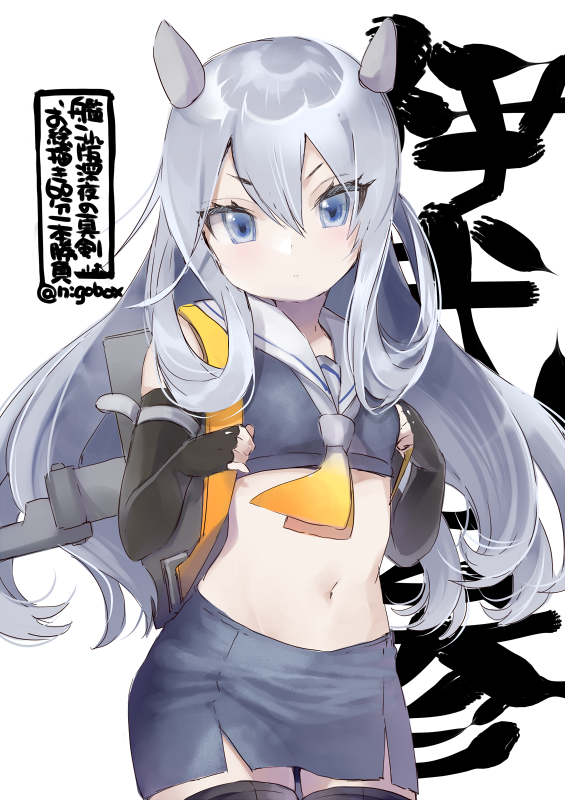 1girl black_gloves black_legwear black_swimsuit blue_eyes blush character_name closed_mouth cowboy_shot elbow_gloves eyebrows_visible_through_hair fingerless_gloves gloves hair_between_eyes headgear i-203_(kancolle) kantai_collection long_hair navel nigo nontraditional_school_swimsuit one-hour_drawing_challenge sailor_collar school_swimsuit silver_hair simple_background solo swimsuit thigh-highs twitter_username white_background white_sailor_collar