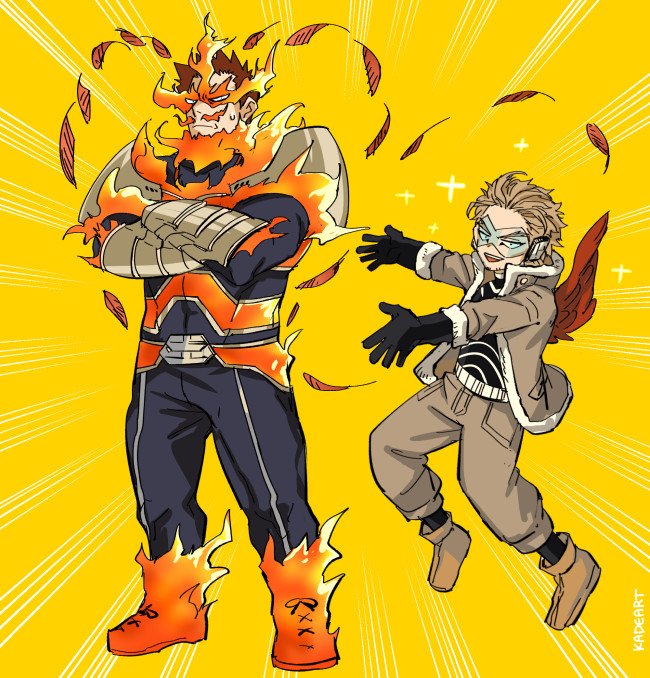 2boys arm_guards beard belt blonde_hair bodysuit bodysuit_under_clothes boku_no_hero_academia boots burn_scar costume crossed_arms emphasis_lines endeavor_(boku_no_hero_academia) eye_mask facial_hair facial_mark feathered_wings feathers fingerless_gloves fire full_body fur-trimmed_jacket fur_trim gloves goatee grin hawks_(boku_no_hero_academia) headphones jacket kadeart legs_apart long_bangs looking_at_viewer male_focus mature_male multiple_boys muscular muscular_male mustache pyrokinesis red_feathers red_wings redhead rimless_eyewear scar scar_across_eye scar_on_cheek scar_on_face scar_on_mouth serious short_hair sideburns skin_tight smile spiky_hair stubble superhero sweatdrop thighs tinted_eyewear twitter_username vambraces wings yellow_background