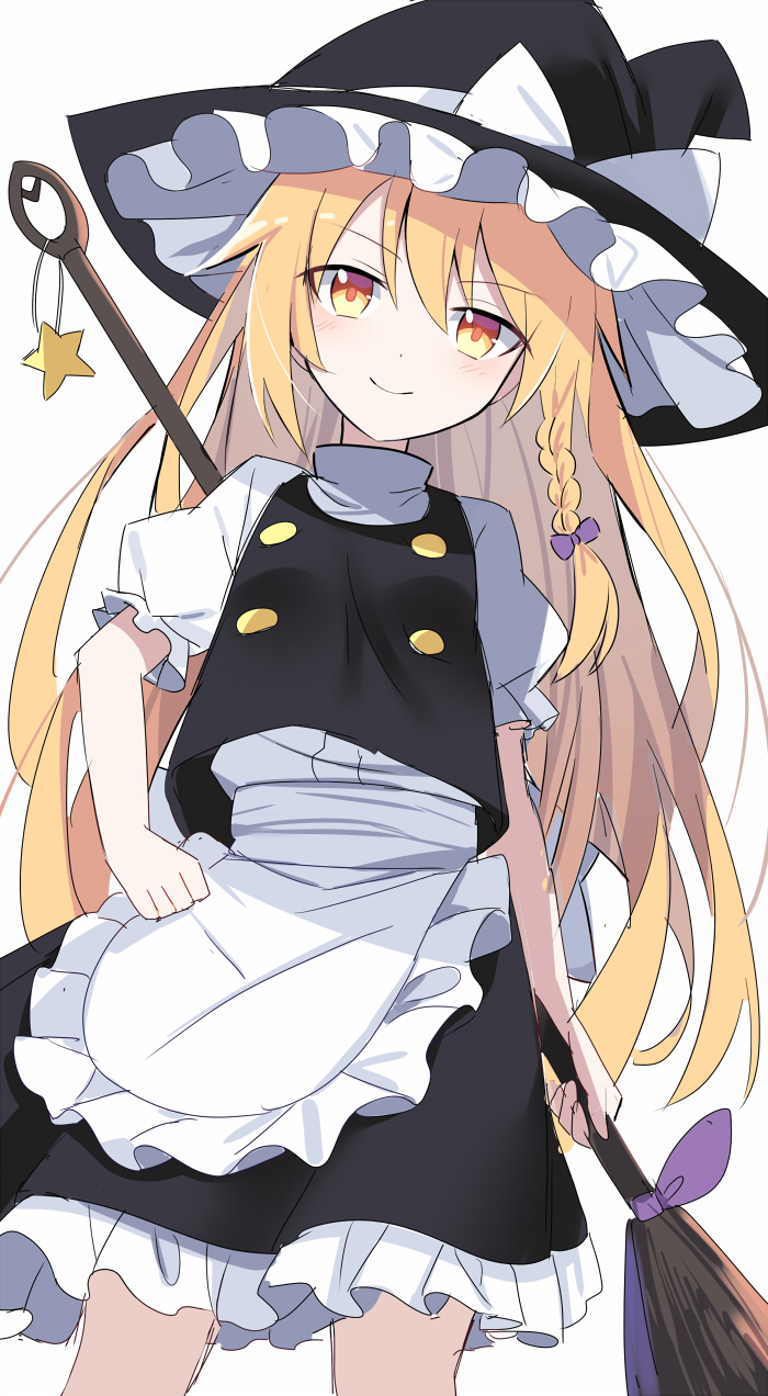 1girl apron black_headwear black_skirt black_vest blonde_hair blush bow braid broom closed_mouth dress e.o. eyebrows_visible_through_hair feet_out_of_frame frilled_hat frilled_skirt frills hair_between_eyes hat hat_bow highres holding holding_broom kirisame_marisa long_hair puffy_short_sleeves puffy_sleeves short_sleeves simple_background single_braid skirt smile solo touhou vest waist_apron white_apron white_background white_bow white_dress witch_hat yellow_eyes