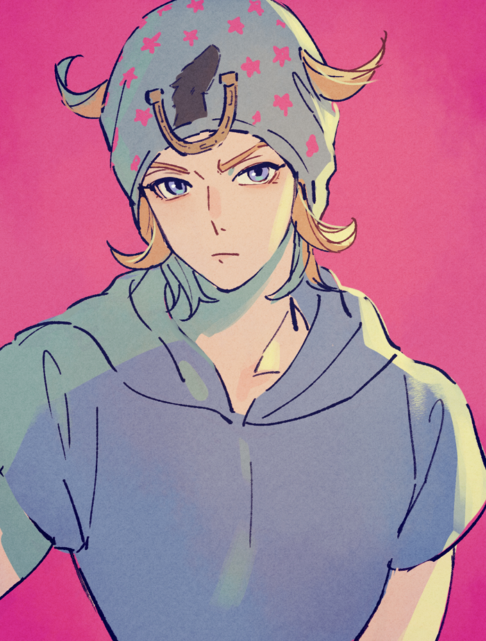 1boy beanie blonde_hair blue_eyes hat hood hoodie horseshoe horseshoe_ornament johnny_joestar jojo_no_kimyou_na_bouken male_focus solo son_(skvnmn0) star_(symbol) star_print steel_ball_run