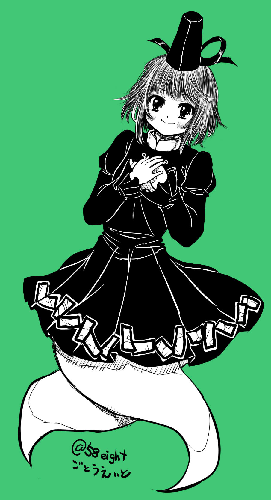 1girl artist_name blush closed_mouth cross-laced_clothes dress eyebrows_visible_through_hair ghost_tail gotou_eight green_background hair_between_eyes hat highres juliet_sleeves long_sleeves monochrome ofuda ofuda_on_clothes one-hour_drawing_challenge puffy_sleeves short_hair simple_background smile soga_no_tojiko solo tate_eboshi touhou twitter_username