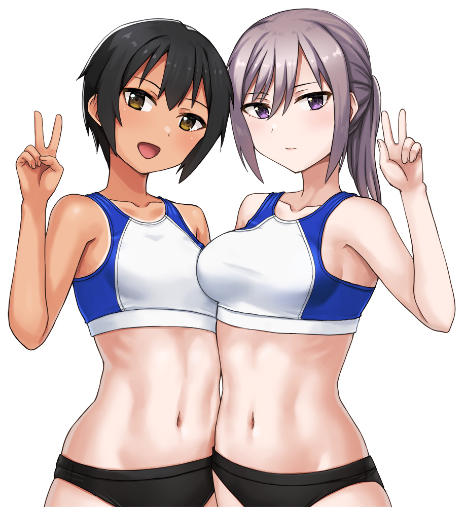 2girls :d asymmetrical_docking bangs bare_shoulders black_hair breast_press breasts brown_eyes buruma closed_mouth collarbone commentary_request cowboy_shot eyebrows_visible_through_hair flat_chest groin hair_between_eyes hand_up hashi long_hair looking_at_viewer medium_breasts midriff multiple_girls navel open_mouth original ponytail short_sleeves sidelocks silver_hair simple_background smile sports_bikini sports_bra standing tan tanlines taut_clothes tomboy toned v violet_eyes white_background
