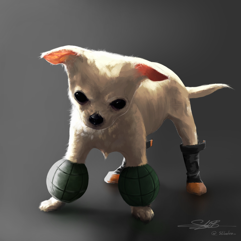 1other angry animal_focus animalization bakugou_katsuki bel_(slbelen_) boku_no_hero_academia boots chihuahua costume dog explosive gauntlets grenade grey_background looking_at_viewer photorealistic realistic reflective_floor shadow signature solo twitter_username white_hair