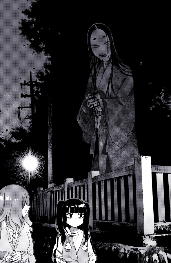 3girls blood death facing_another greyscale horror_(theme) jacket japanese_clothes kimono long_hair long_sleeves monochrome multiple_girls original outdoors power_lines size_difference tokomichi twintails utility_pole