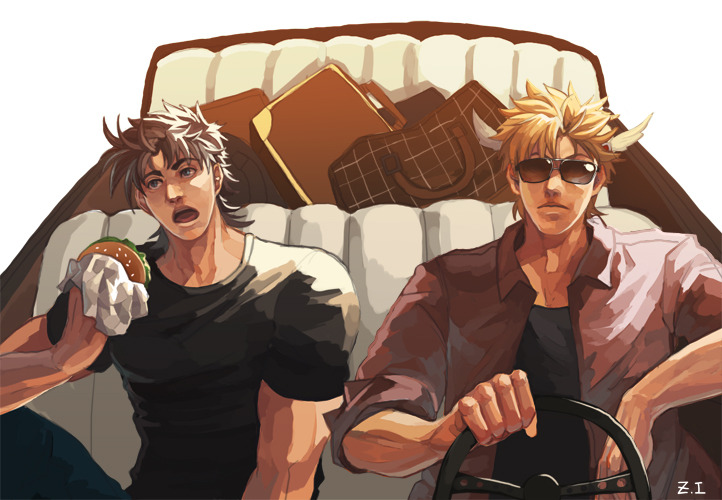 2boys blonde_hair briefcase burger caesar_anthonio_zeppeli car casual convertible driving facial_mark feather_hair_ornament feathers fingerless_gloves food gloves green_eyes ground_vehicle hair_ornament headband jojo_no_kimyou_na_bouken male_focus motor_vehicle multiple_boys open_mouth red_shirt shirt signature sunglasses t-shirt z.i