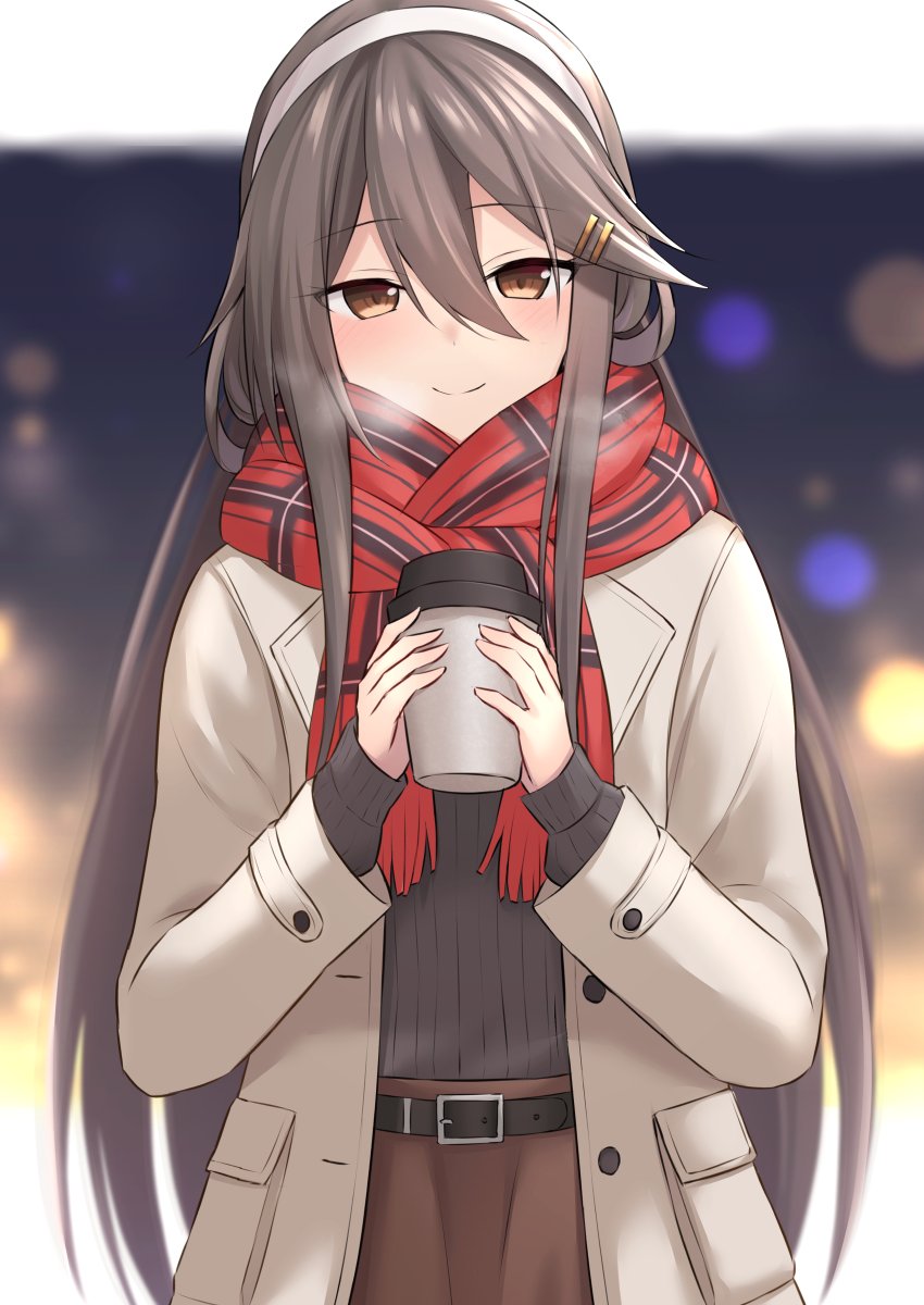 1girl akahi242 belt belt_buckle black_belt black_hair black_sweater blush brown_eyes brown_skirt buckle buttons closed_mouth coat coffee_cup cup disposable_cup eyebrows_visible_through_hair fringe_trim hair_between_eyes hair_ornament hairband hairclip haruna_(kancolle) highres holding holding_cup kantai_collection long_hair long_sleeves open_clothes open_coat plaid plaid_scarf red_scarf scarf skirt smile solo sweater upper_body white_coat white_hairband