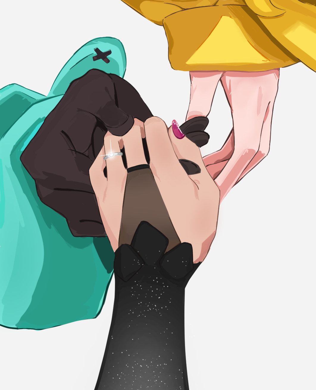 2girls asymmetrical_sleeves couple elbow_gloves gloves grabbing_another's_hand hakos_baelz highres holding_hands hololive hololive_english irys_(hololive) jewelry mismatched_sleeves multiple_girls nail nail_polish proposal ring see-through shiny shiroiko8 simple_background sleeves_past_wrists virtual_youtuber wedding_ring white_background wife_and_wife yuri