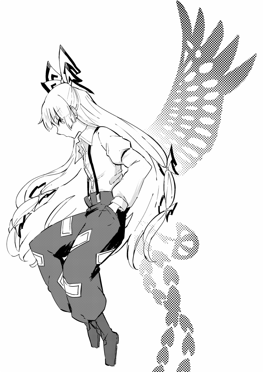 1girl bow collared_shirt deetamu eyebrows_visible_through_hair fujiwara_no_mokou full_body greyscale hair_bow hands_in_pockets highres long_hair long_sleeves monochrome pants shirt simple_background solo suspenders touhou white_background wings