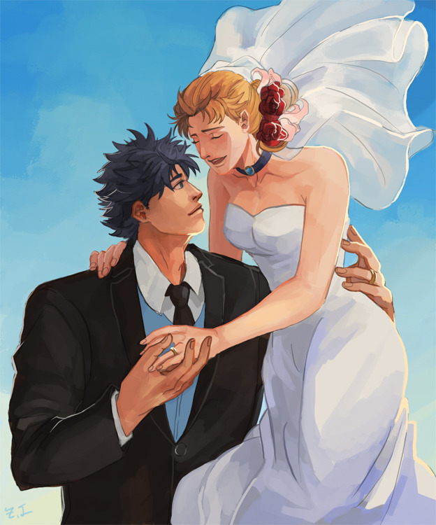 1boy 1girl bare_shoulders blonde_hair blue_eyes blue_hair bridal_veil collar couple dress erina_pendleton hetero husband_and_wife jewelry jojo_no_kimyou_na_bouken jonathan_joestar phantom_blood ring sky tuxedo veil wedding_dress wedding_ring white_dress z.i