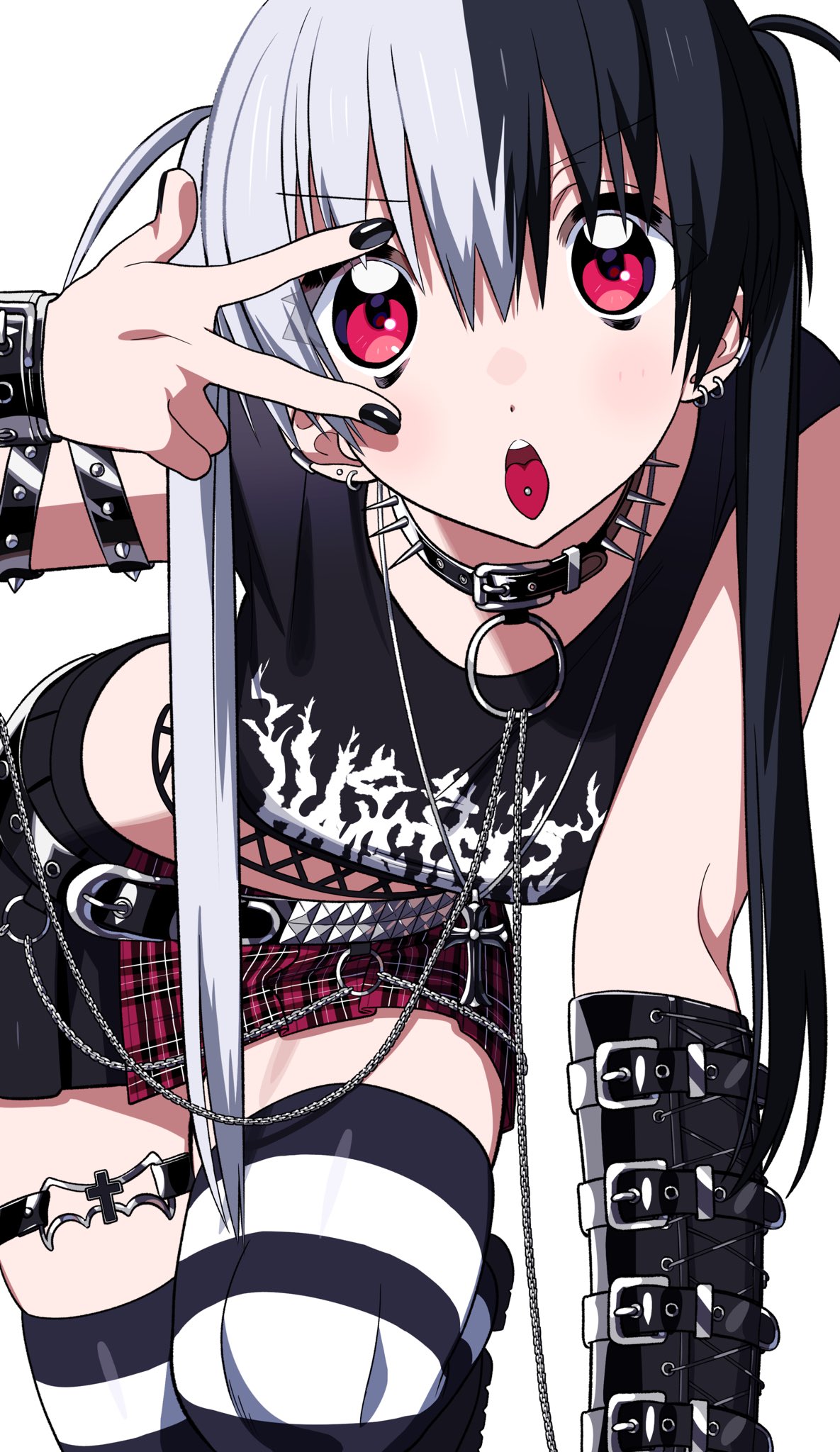 1girl 2000s_(style) black_hair bracelet collar crop_top cross ear_piercing earrings gothic highres jewelry miniskirt multicolored_hair nail_polish neguko original pale_skin piercing pink_eyes punk skirt spiked_collar spikes split-color_hair striped striped_legwear thigh-highs thighs tongue tongue_out tongue_piercing v white_hair