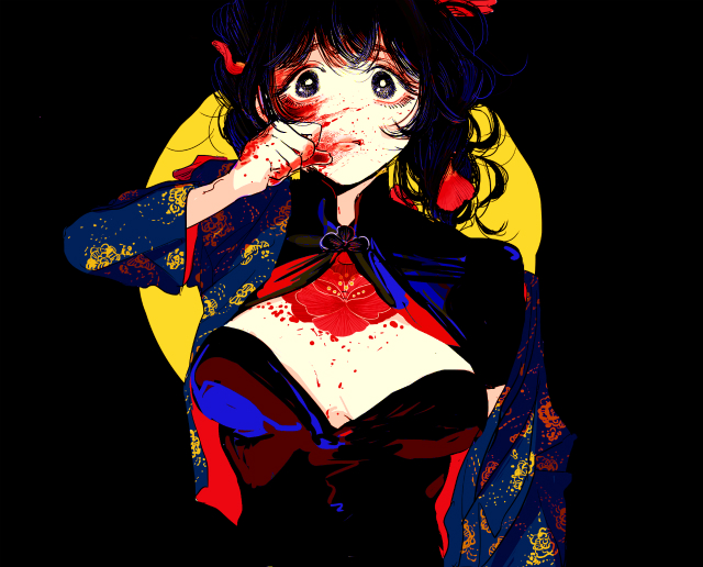 1girl black_background black_eyes black_hair blood blood_on_face bobbbob chest_tattoo china_dress chinese_clothes clothing_cutout dress hand_up jacket jacket_partially_removed looking_at_viewer original tattoo twintails upper_body wavy_hair wide-eyed
