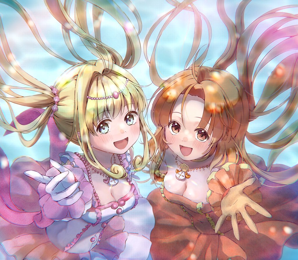 1girl blonde_hair blue_eyes commentary_request dorara9002 dress frilled_dress frills gloves hair_intakes idol long_hair looking_at_viewer mermaid_melody_pichi_pichi_pitch nanami_lucia orange_dress orange_eyes orange_gloves orange_hair pink_dress pink_gloves seira_(mermaid_melody_pichi_pichi_pitch) solo twintails underwater upper_body