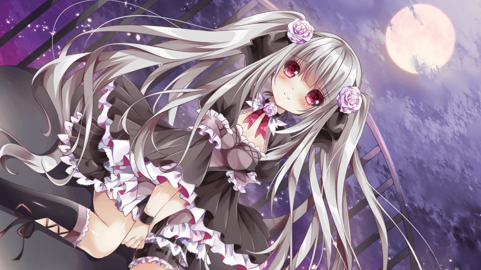 1girl artist_request balcony bangs black_bow black_dress black_legwear blush bow dress eyebrows_visible_through_hair flower frilled_dress frills full_moon game_cg garters gothic_lolita hair_bow hair_flower hair_ornament kneehighs kneeling lolita_fashion long_hair monster_musume_no_iru_nichijou monster_musume_no_iru_nichijou_online moon nia_(monster_musume) official_art own_hands_together pink_flower pink_footwear red_eyes smile solo twintails very_long_hair