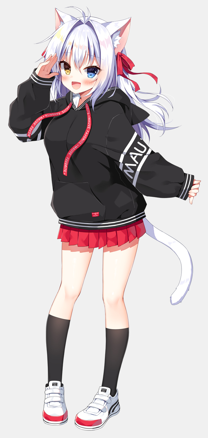 1girl :d aina_rive animal_ear_fluff animal_ears animal_hood antenna_hair bangs black_hoodie black_legwear blue_eyes blush brown_eyes cat_ears cat_girl cat_hood cat_tail drawstring eyebrows_visible_through_hair fake_animal_ears full_body hair_between_eyes hair_intakes hand_up heterochromia highres hood hood_down hoodie long_hair long_sleeves mauve original pleated_skirt puffy_long_sleeves puffy_sleeves red_skirt shoes silver_hair skirt sleeves_past_wrists smile socks solo standing tail white_footwear