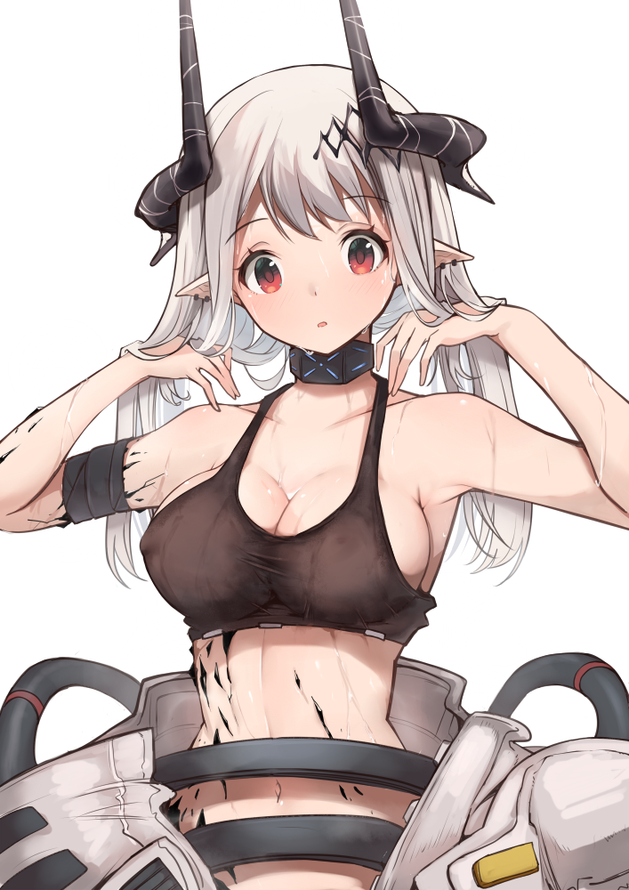 1girl arknights armpits blush bra costume elf elf_ears hand_on_own_face horns looking_at_viewer mudrock_(arknights) navel red_eyes simple_background sleeveless sweat sweating_profusely white_background white_hair