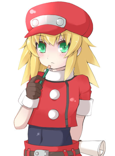 1girl belt blonde_hair brown_gloves cabbie_hat closed_mouth cropped_jacket gloves gomashi_(goma) green_eyes hat jacket long_hair looking_at_viewer mega_man_(series) mega_man_legends red_headwear red_jacket roll_caskett_(mega_man) short_sleeves simple_background solo white_background