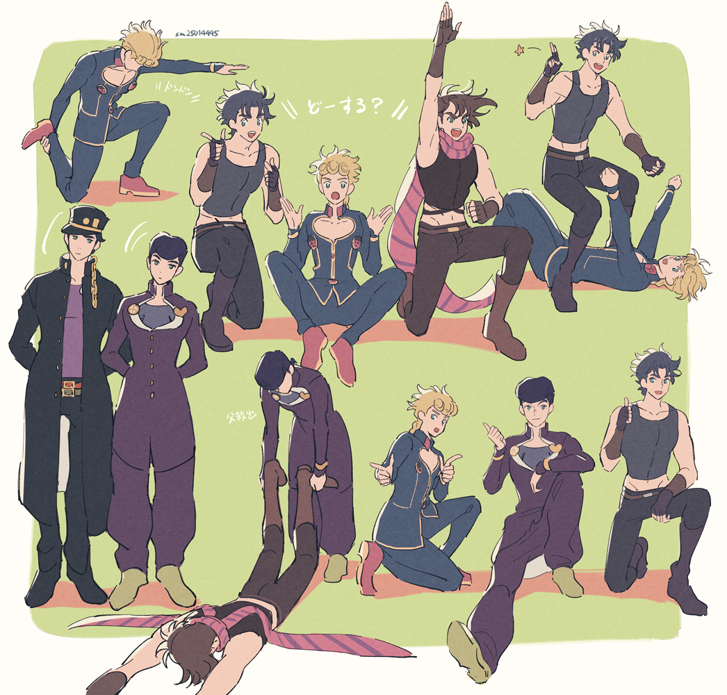 battle_tendency black_hair blonde_hair blue_hair dancing diamond_wa_kudakenai faceplant gakuran giorno_giovanna higashikata_josuke jojo_no_kimyou_na_bouken jonathan_joestar joseph_joestar joseph_joestar_(young) kujo_jotaro long_coat phantom_blood pointing pose scarf school_uniform son_(skvnmn0) stardust_crusaders striped striped_scarf vento_aureo