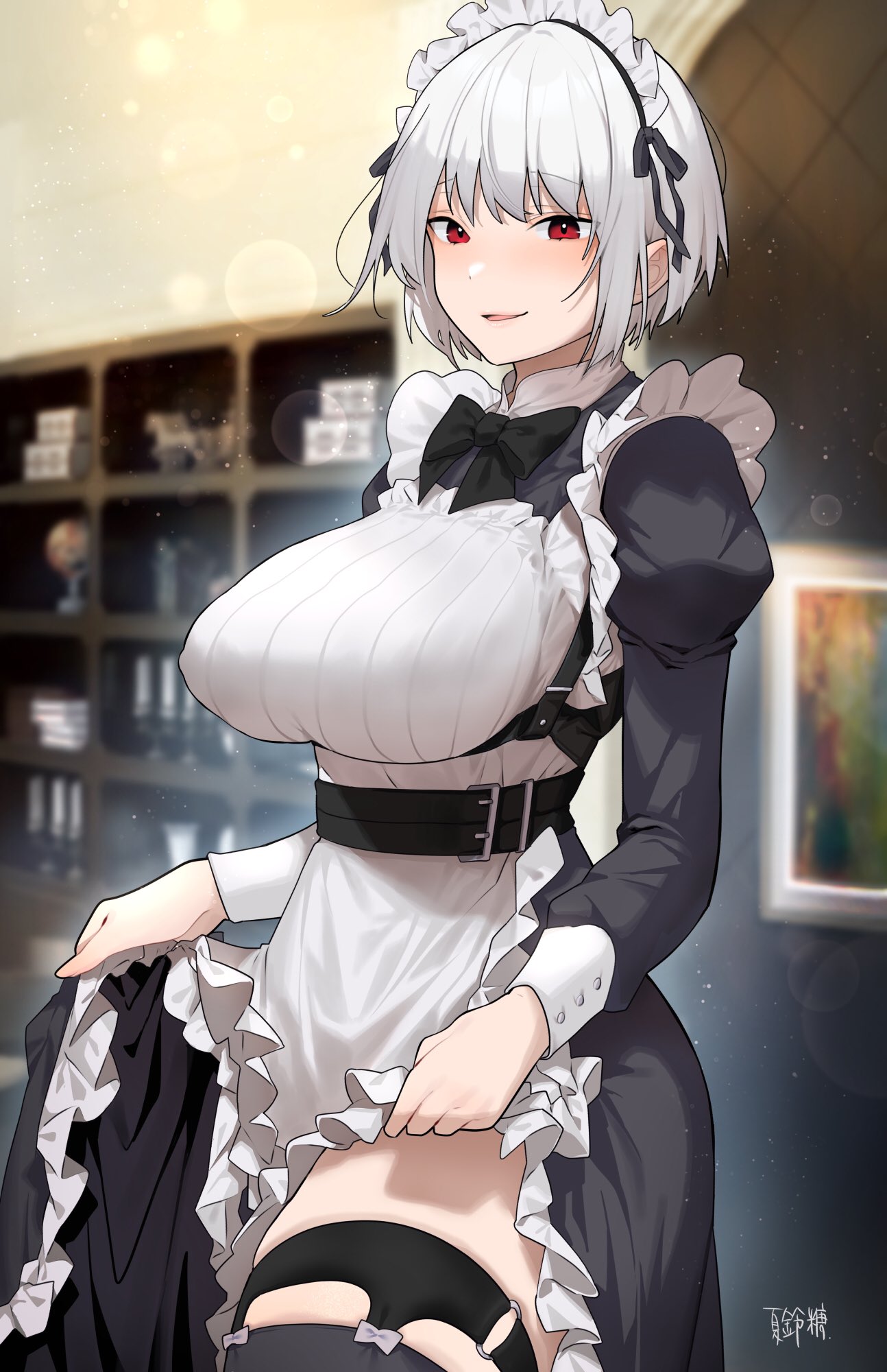 1girl blurry blurry_background bow bowtie breasts clothes_lift covered_nipples cowboy_shot dress framed_breasts frilled_dress frills from_side grey_hair harness highres indoors karinto_yamada large_breasts leg_garter lens_flare long_sleeves looking_at_viewer maid maid_headdress open_mouth original puffy_sleeves red_eyes short_hair sidelocks skirt skirt_lift smile solo thigh-highs tight_top zettai_ryouiki