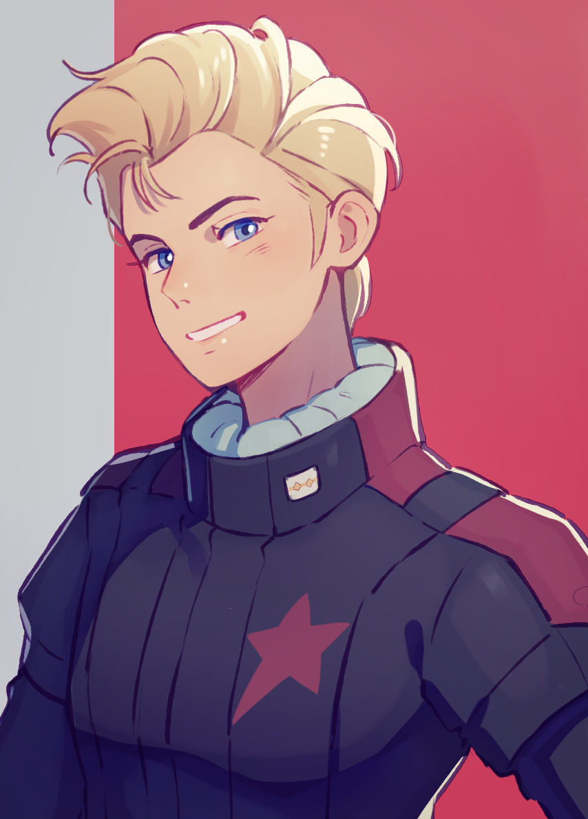 1boy blonde_hair blue_eyes grin gundam hair_strand jerid_messa male_focus military military_uniform pilot_suit smile solo son_(skvnmn0) uniform upper_body zeta_gundam