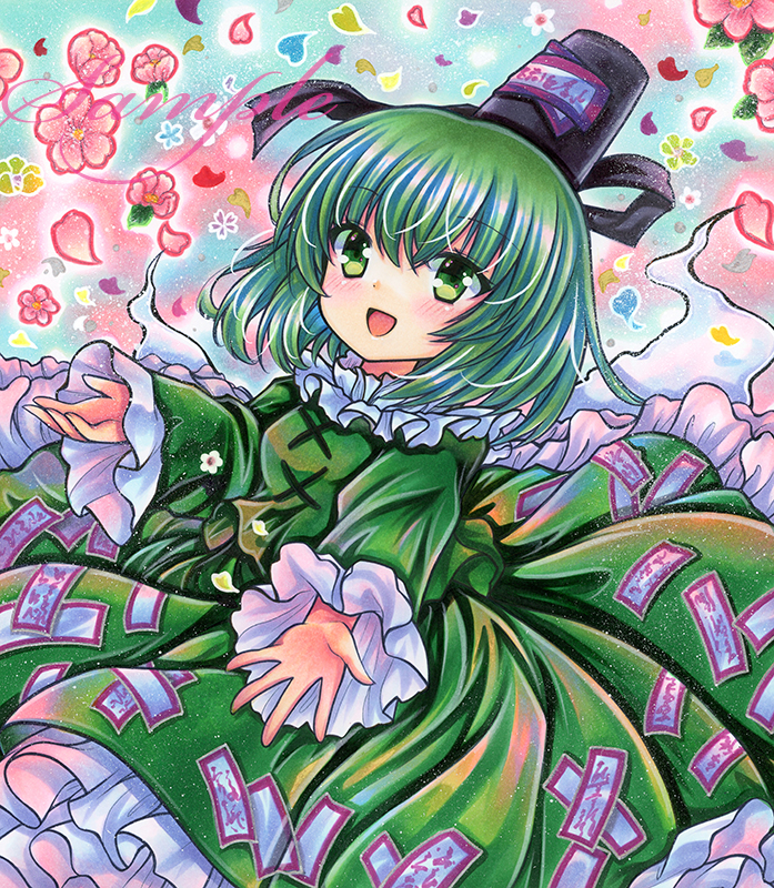 1girl :d bangs black_headwear blue_background blush cherry_blossoms cowboy_shot dress eyebrows_visible_through_hair floral_background flower frilled_dress frilled_shirt_collar frills green_dress green_eyes green_hair hair_between_eyes hat long_sleeves looking_at_viewer marker_(medium) medium_hair ofuda ofuda_on_clothes open_mouth petals pink_flower reaching_out rui_(sugar3) sample shikishi smile soga_no_tojiko solo touhou traditional_media white_flower yellow_flower