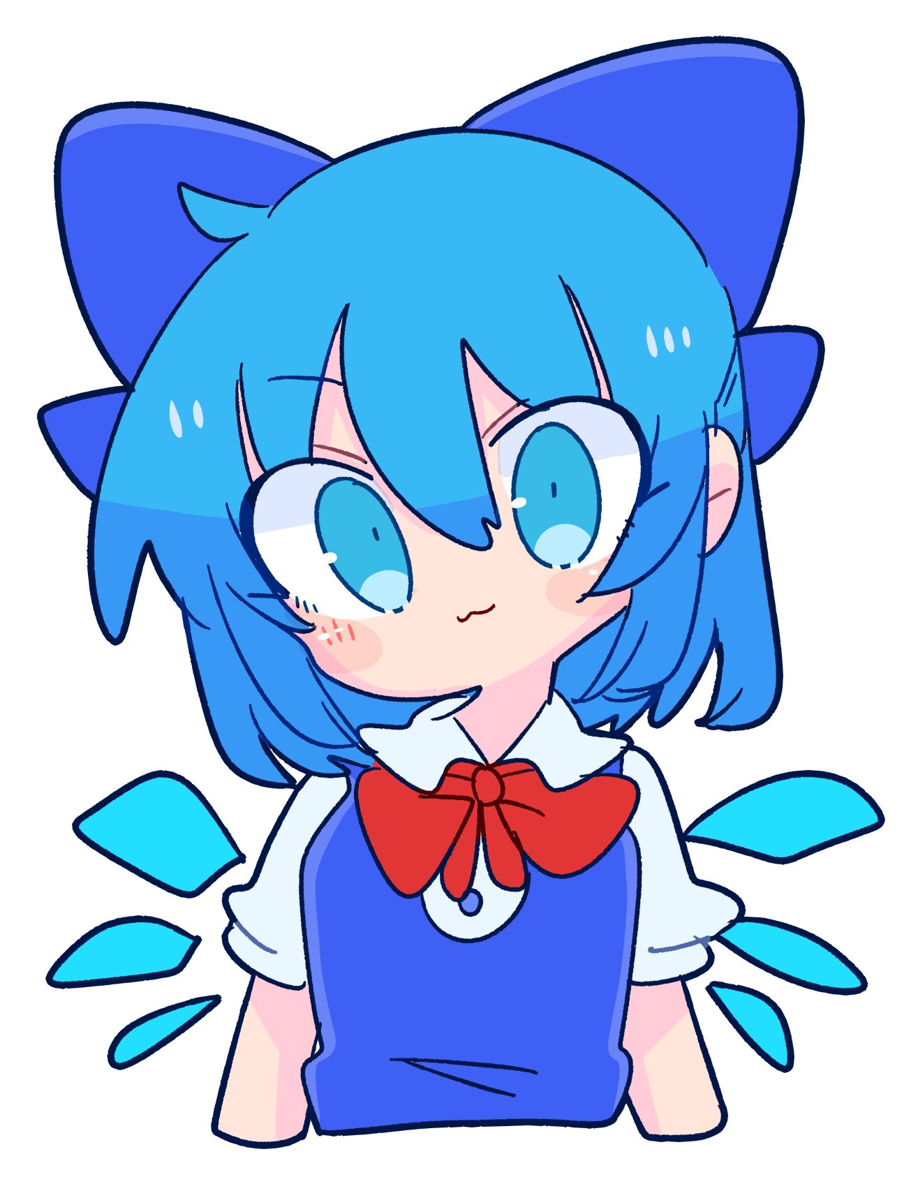 1girl :3 blue_bow blue_dress blue_eyes blue_hair bow breasts cirno closed_mouth collared_shirt dress hair_between_eyes hair_bow highres ice ice_wings neck_ribbon op_na_yarou pinafore_dress puffy_short_sleeves puffy_sleeves red_neckwear ribbon shirt short_hair short_sleeves simple_background small_breasts solo touhou white_background white_shirt wings