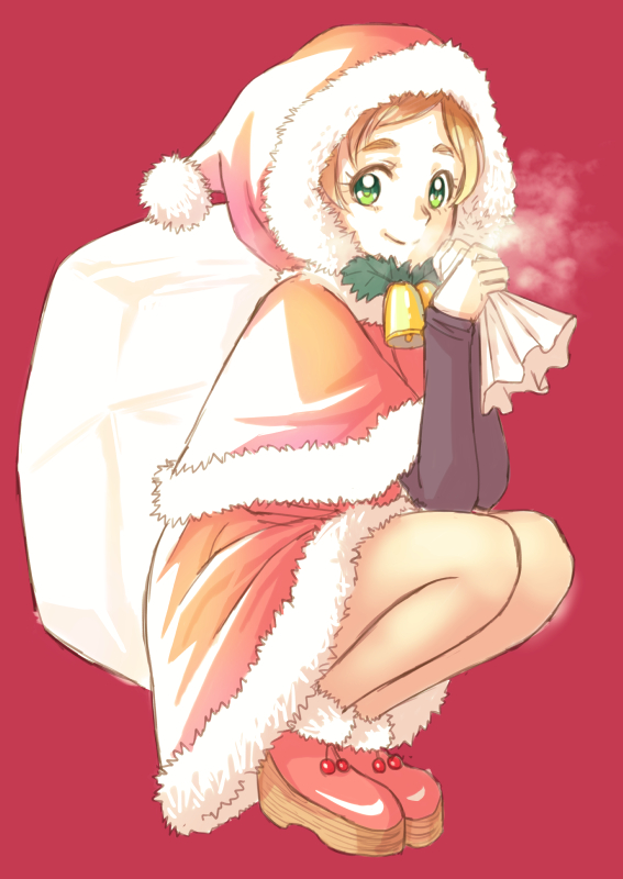 1girl bangs bell breath brown_hair capelet christmas closed_mouth commentary dress fur-trimmed_capelet fur-trimmed_dress fur-trimmed_footwear fur_trim go!_princess_precure green_eyes haruno_haruka holding holding_sack holly hood hood_up hooded_capelet jj_(ssspulse) long_sleeves looking_at_viewer neck_bell over_shoulder precure red_background red_capelet red_dress red_footwear sack santa_dress shoes short_dress simple_background smile solo squatting swept_bangs