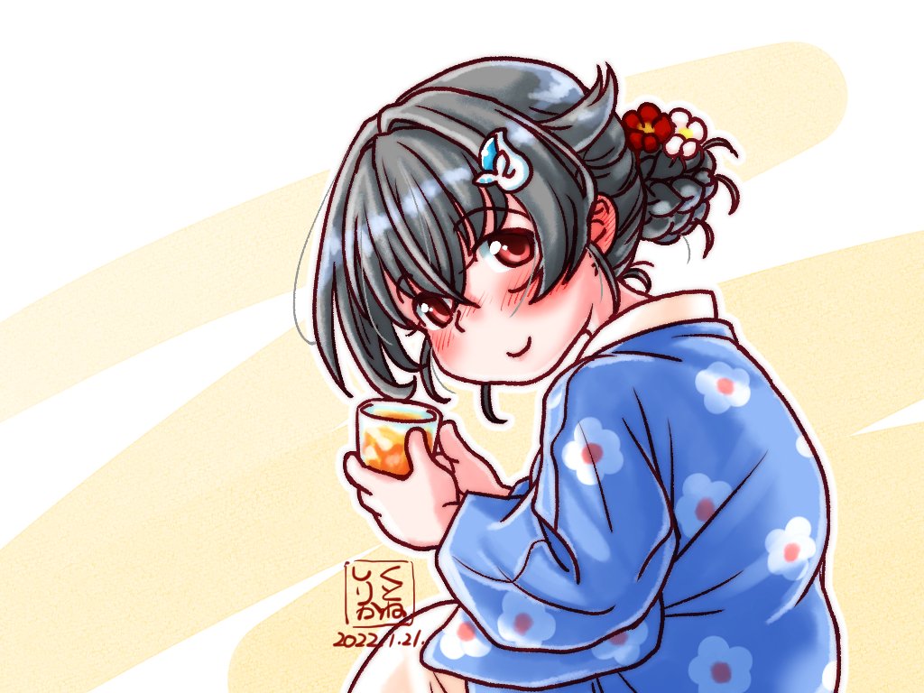 1girl alcohol artist_logo black_hair blue_kimono commentary_request dated drink floral_print hair_bun hair_flaps hair_ornament hairclip japanese_clothes jingei_(kancolle) kantai_collection kimono kutone_shirika leaning_forward long_hair official_alternate_costume red_eyes solo