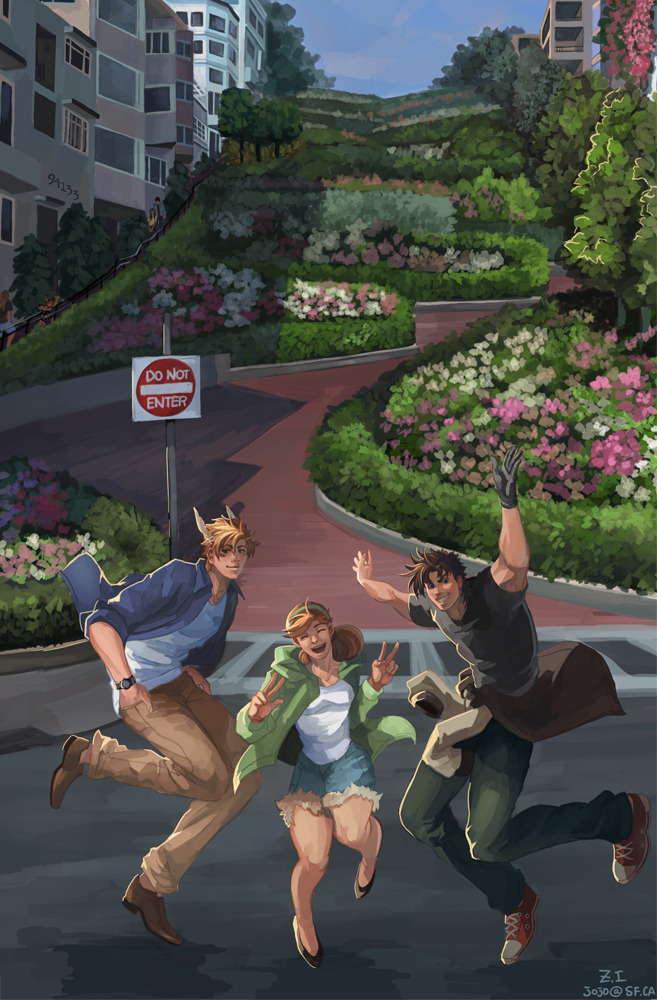 1girl 2boys bandana blonde_hair blue_jacket brown_hair bush contemporary converse denim denim_skirt feather_hair_ornament feathers flower gloves green_jacket hair_flower hair_ornament hairband hands_in_pockets jacket jeans jojo_no_kimyou_na_bouken jumping lombard_street multiple_boys pants road_sign san_francisco sign single_glove skirt suzi_q watch watch z.i