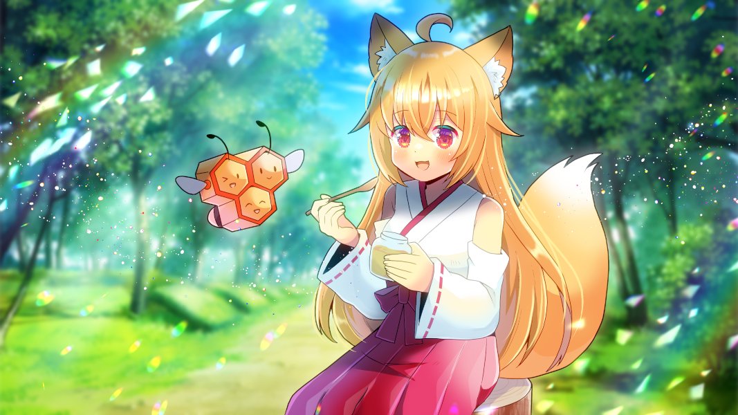 &gt;_o 1girl :d ;d ^_^ ahoge animal_ear_fluff animal_ears bangs bare_shoulders blonde_hair blurry blurry_background closed_eyes closed_mouth combee commentary_request commission copyright_request day depth_of_field detached_sleeves eyebrows_visible_through_hair fox_ears fox_girl fox_tail hair_between_eyes hakama hakama_skirt holding holding_spoon japanese_clothes kimono kou_hiyoyo long_hair long_sleeves one_eye_closed outdoors pokemon pokemon_(creature) red_eyes red_hakama ribbon-trimmed_sleeves ribbon_trim skeb_commission skirt sleeveless sleeveless_kimono sleeves_past_wrists smile spoon tail tree very_long_hair white_kimono white_sleeves wide_sleeves wooden_spoon |_|