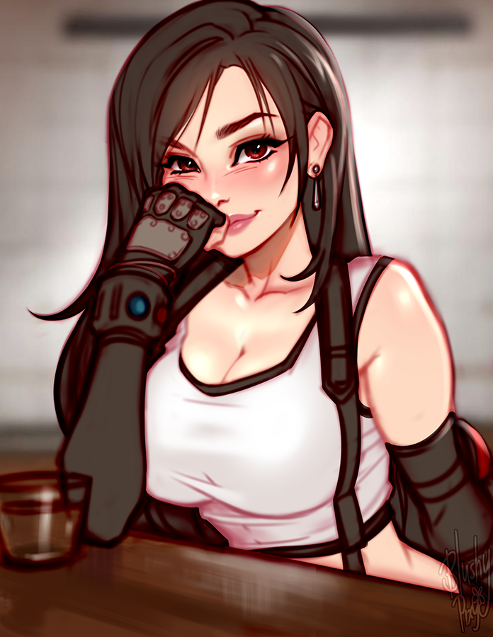 1girl artist_name black_hair blush blushy-pixy breasts crop_top cup dangle_earrings drinking_glass earrings elbow_pads final_fantasy final_fantasy_vii final_fantasy_vii_remake fingerless_gloves gloves jewelry large_breasts long_hair looking_at_viewer red_eyes shot_glass signature sitting smile solo suspenders tank_top tifa_lockhart undershirt white_tank_top